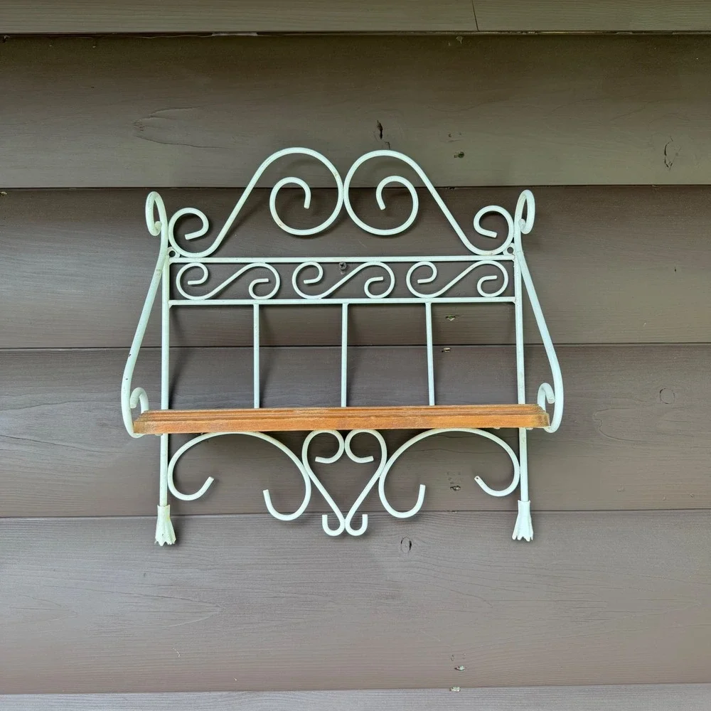 Vintage Wrought Iron Wall Shelf White Scrollwork Wood Inlay Cottagecore 16x14